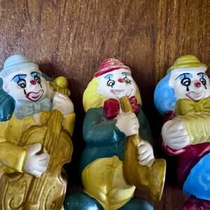 Vintage Clown Musician Set 3 Ceramic Figurines Hand Painted Retro 3” Decor